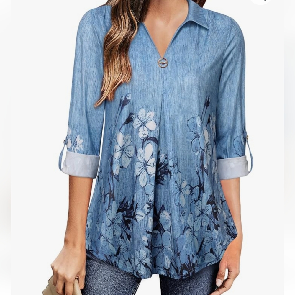 Valolia Womens 3/4 roll up Sleeve Collared V Neck Blue Medium - Picture 1 of 11